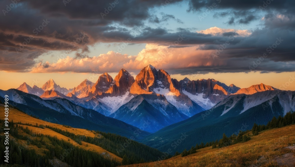 Majestic mountain range bathed in warm sunset light, surrounded by lush valleys and clouds, creating a serene and breathtaking natural landscape. Majestic mountain range bathed in warm sunset light, surrounded by lush valleys and clouds, creating a serene and breathtaking natural landscape.