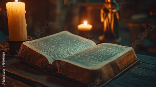 An open book rests on a wooden table, illuminated by candlelight, creating a serene atmosphere.