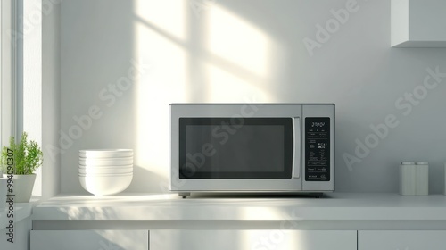 A sleek, stainless steel microwave sits on a white countertop in a modern kitchen.