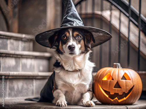 Dog in the hat with pamkins. Halloween concept photo