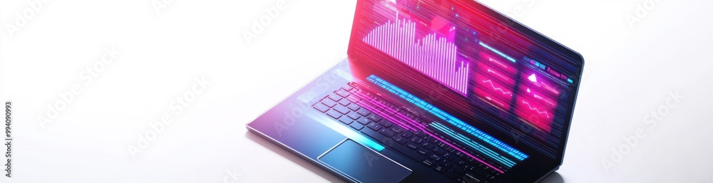 Fototapeta premium A sleek laptop displaying colorful digital graphics and editing software.