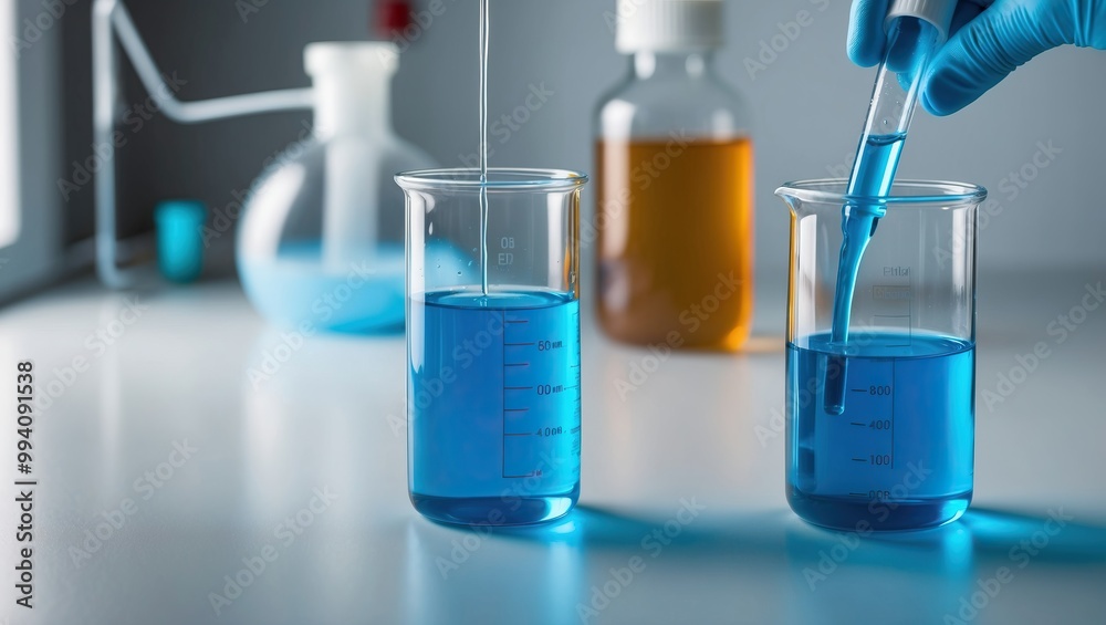 Laboratory scene featuring blue liquids in glass beakers, with a scientist using pipette for precise measurement, ideal for education and research. Laboratory scene featuring blue liquids in glass beakers, with a scientist using pipette for precise measurement, ideal for education and research.
