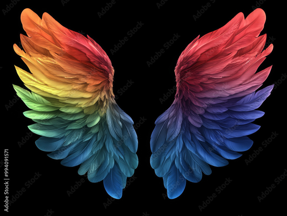 Pure White Angel Wings Black Angel Wings Rainbow Wings Isolated on Black Pure White Angel Wings Black Angel Wings Rainbow Wings Isolated on Black