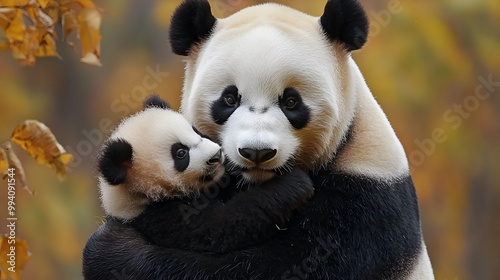 A loving giant panda mother embraces her adorable cub in a serene autumn setting. photo