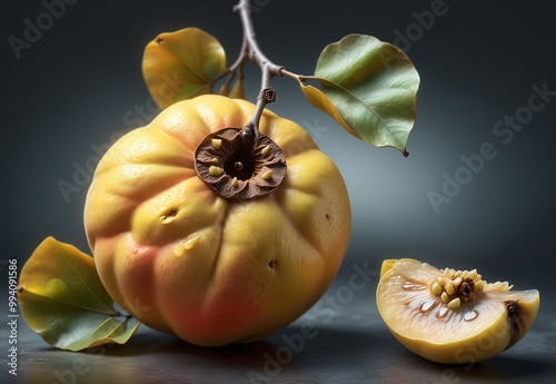 ripe big yellow quince hanging on a tree branch photo