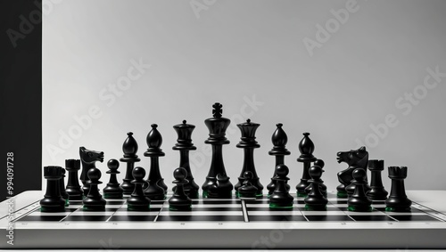 Black chess pieces on a chessboard ready for a game, representing strategy, competition, and intense mental engagement.