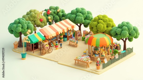 A vibrant marketplace scene with stalls, trees, and colorful canopies.