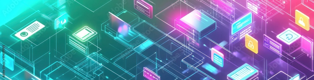 Abstract digital interface with colorful icons representing technology and data. Abstract digital interface with colorful icons representing technology and data.
