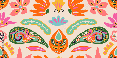 Exotic hand drawn paisley and flowers pattern. Ethnic style print with floral for fabric, textiles, clothing, poster, cover, banner, home decor, abstract background. Vector illustration.