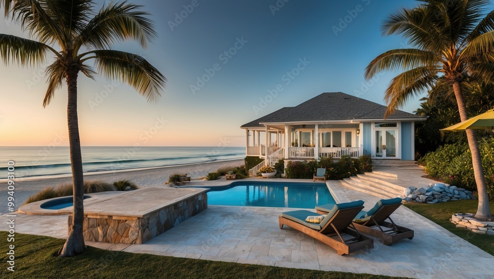 Stunning beachfront home featuring a swimming pool, palm trees, and sunset backdrop, perfect for relaxation and summer vacations.