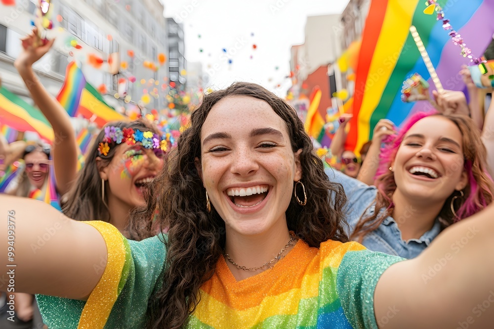 Joyous Group Selfie at Vibrant LGBTQ Pride Parade with Colorful Flags and Joyous Group Selfie at Vibrant LGBTQ Pride Parade with Colorful Flags and