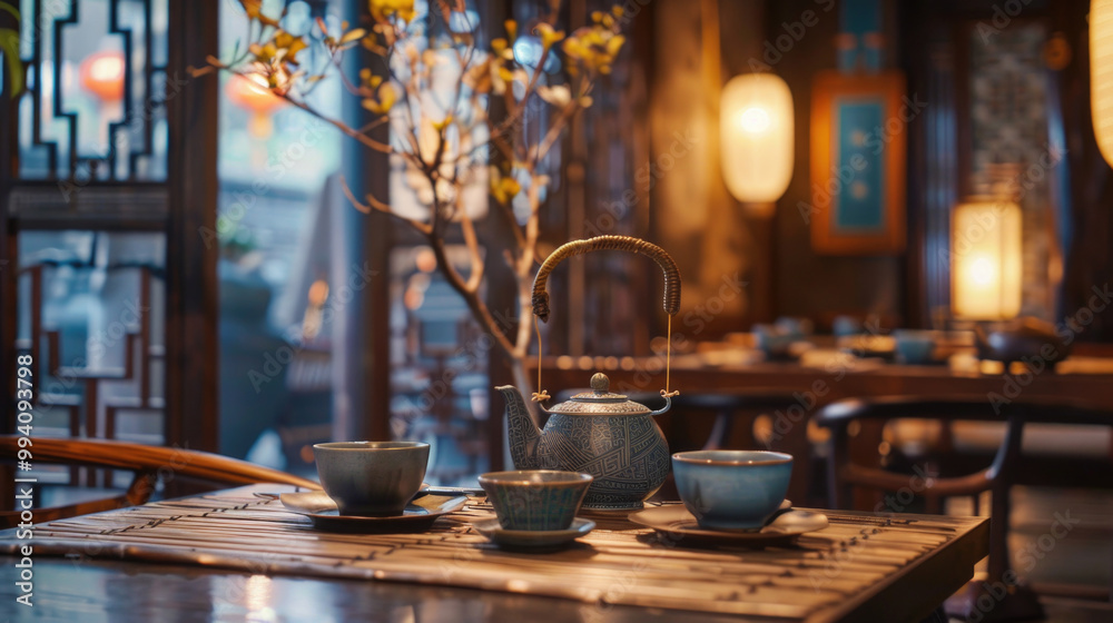 Traditional Asian Tea Set on Wooden Table in Cozy, Warmly Lit Interior with Decorative Elements Traditional Asian Tea Set on Wooden Table in Cozy, Warmly Lit Interior with Decorative Elements