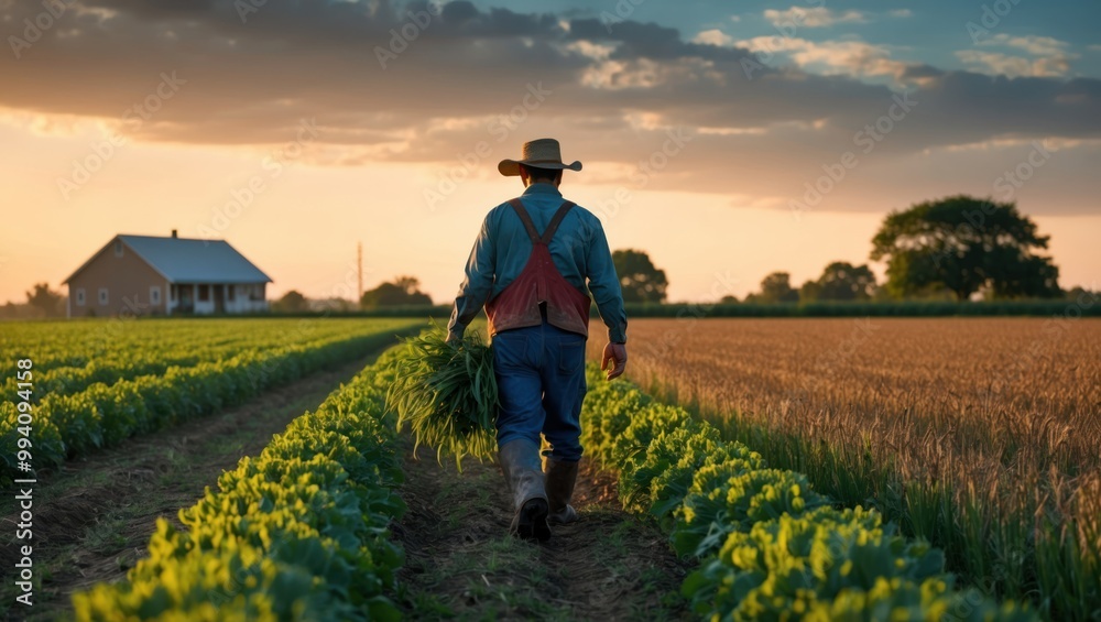 Fototapeta premium Farmer walks through crops during sunset, embodying hard work and dedication in rural agriculture. Ideal for showcasing farming lifestyle.