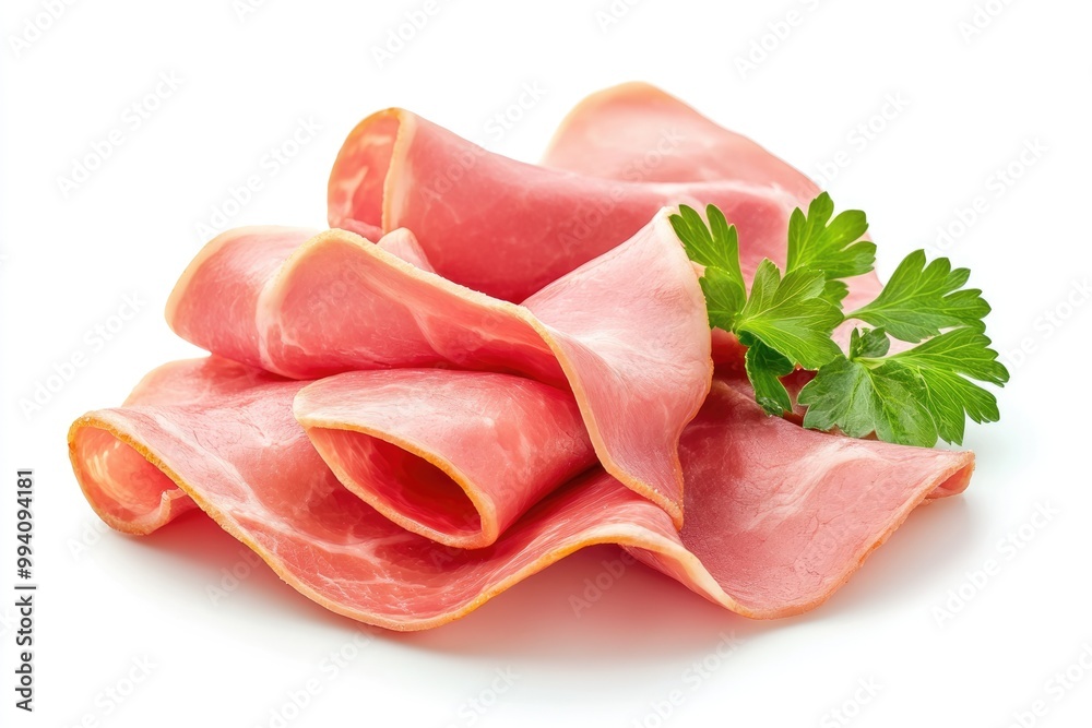 Cooked ham slices isolated on a white background. Cooked ham slices isolated on a white background.