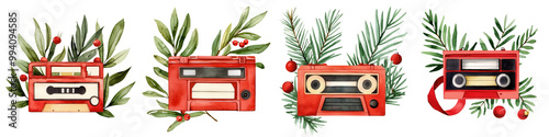 Vintage radios surrounded by festive greenery and berries, perfect for holiday-themed designs. transparent background