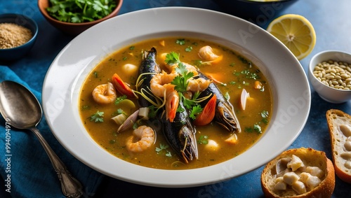 Vibrant bowl of seafood soup featuring shrimp, fish, and fresh herbs, garnished to enhance flavors, perfect for a cozy dinner or cultural meal.