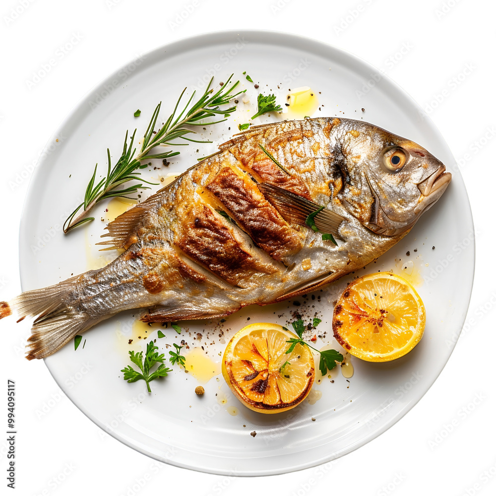 Flat lay of grilled whole fish with roasted lemon halves, rosemary, and parsley on a white plate isolated on transparent background, gourmet seafood concept
Flat lay of grilled whole fish with roasted lemon halves, rosemary, and parsley on a white plate isolated on transparent background, gourmet seafood concept