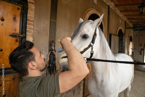 Man in front of a white horse brushing the hair on his head. Exterior of a horse stable. Horsemanship care concept