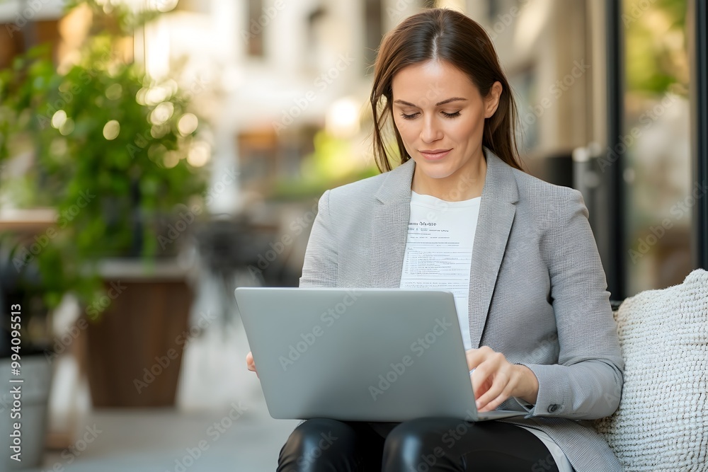 Confident Businesswoman Working on Laptop at Office Desk,Focused on Task,Efficient Workspace for Productivity and Career Success