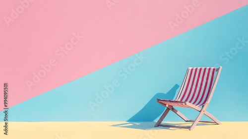 a single deck chair on pastel color background photo