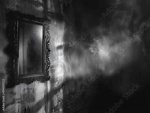 A spooky mirror captures eerie reflections of ghosts, creating a chilling and unsettling atmosphere. photo