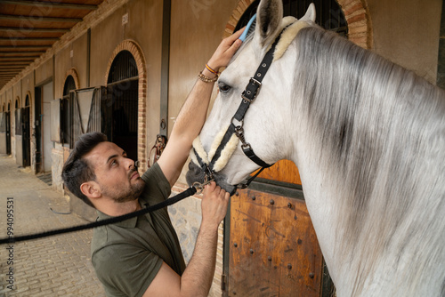 Owner brushing his horse's hair before going out to ride.