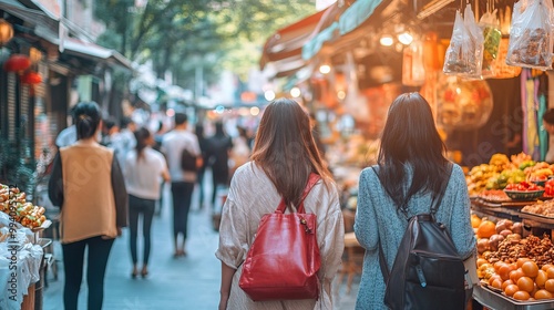 Two women walking in a bustling Asian market