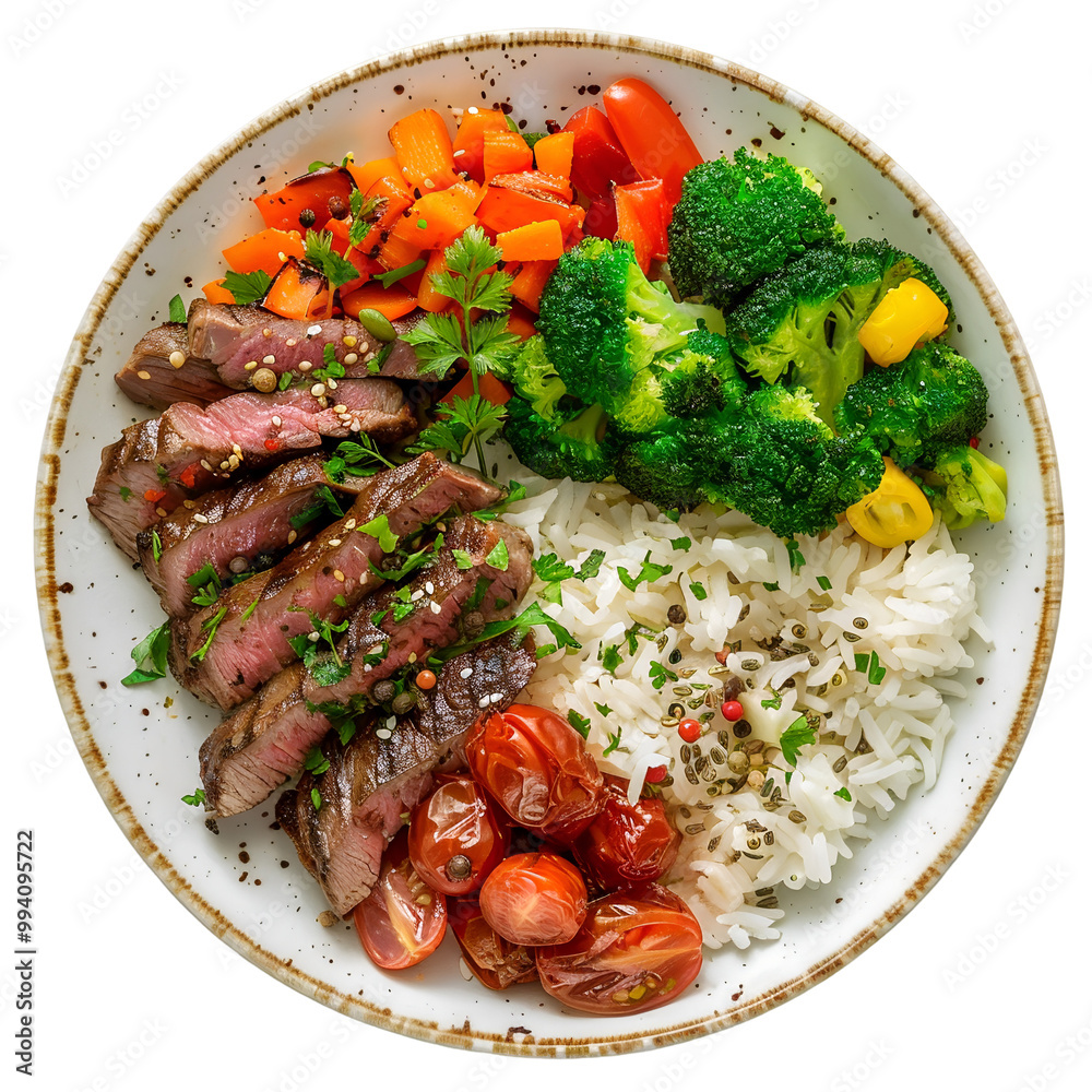Beef steak bowl with rice, broccoli, roasted cherry tomatoes, carrots, and parsley, isolated on transparent background, perfect for healthy meal ideas Beef steak bowl with rice, broccoli, roasted cherry tomatoes, carrots, and parsley, isolated on transparent background, perfect for healthy meal ideas