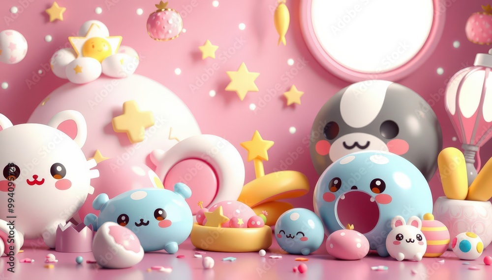 Cute cartoon characters and objects on a pink background. Cute cartoon characters and objects on a pink background.