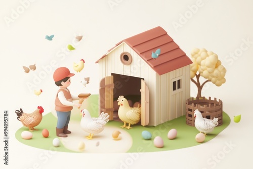 A whimsical scene of a person feeding chickens near a cozy barn with colorful eggs.