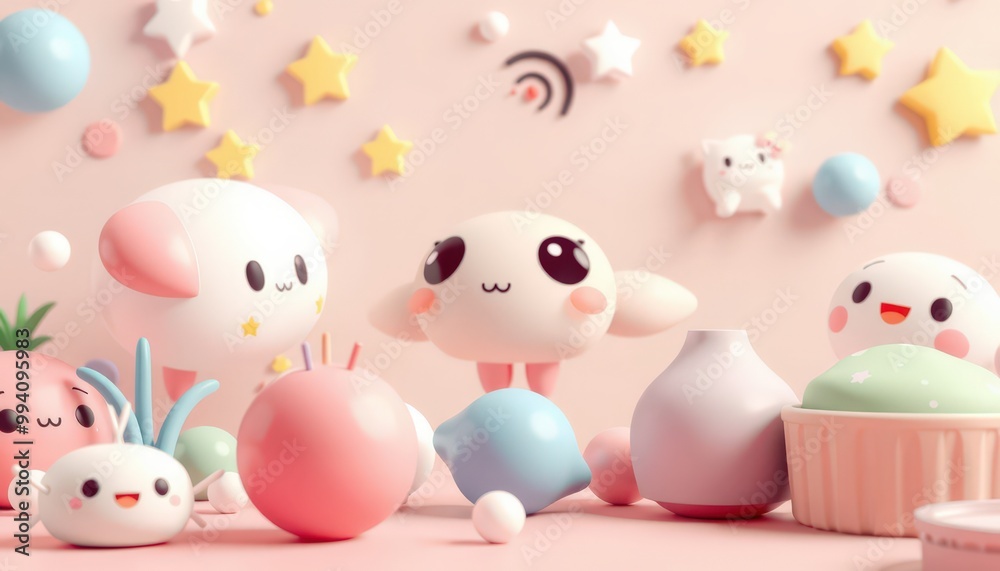 Cute cartoon characters and objects on a pink background. Cute cartoon characters and objects on a pink background.