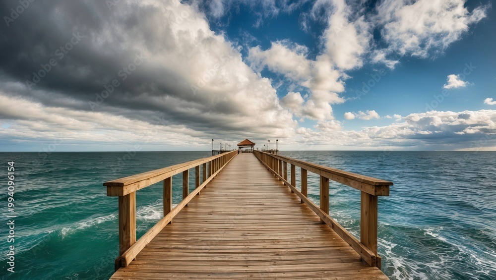 Beautiful wooden pier extending into calm ocean under dramatic clouds, ideal for tranquil getaways and scenic views, perfect for travel and relaxation. Beautiful wooden pier extending into calm ocean under dramatic clouds, ideal for tranquil getaways and scenic views, perfect for travel and relaxation.
