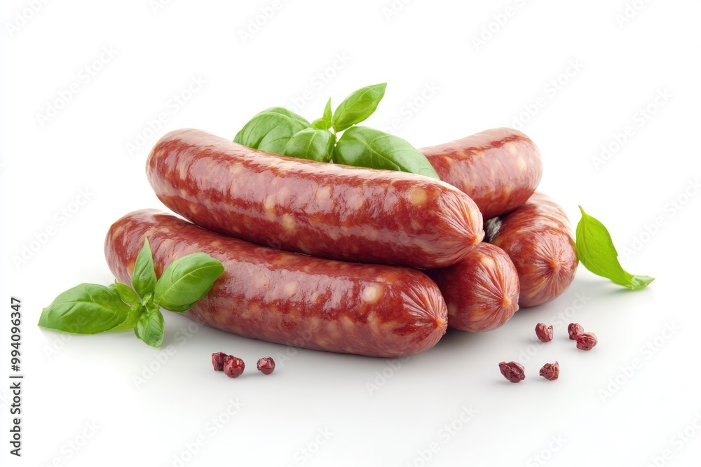 Fresh sausages with basil isolated on white background. Fresh sausages with basil isolated on white background.