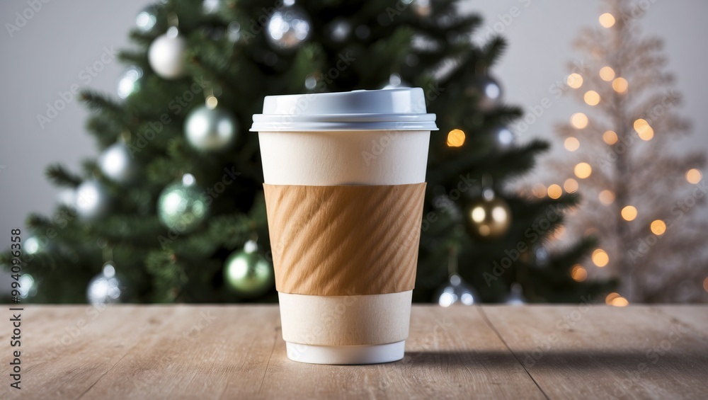 Festive coffee cup on wooden table with decorated Christmas tree in the background, creating a warm atmosphere for holiday gatherings. Festive coffee cup on wooden table with decorated Christmas tree in the background, creating a warm atmosphere for holiday gatherings.