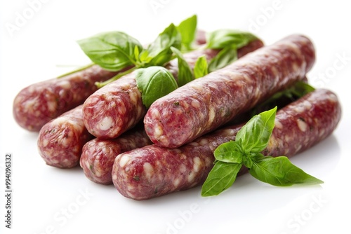 Fresh sausages with basil isolated on white background.