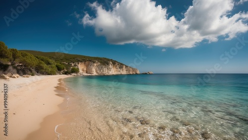 Stunning beach scene with golden sand, clear turquoise water, and a serene sky filled with fluffy clouds, perfect for travel and relaxation.