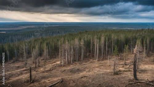 Expansive view of a forested landscape with standing trees and bleaker sections, illustrating nature's beauty and the impact of deforestation. photo