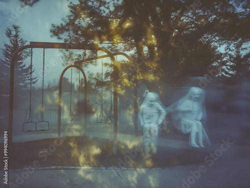 Spooky playground with ghostly children playing on swings, slides, and see-saw at night.