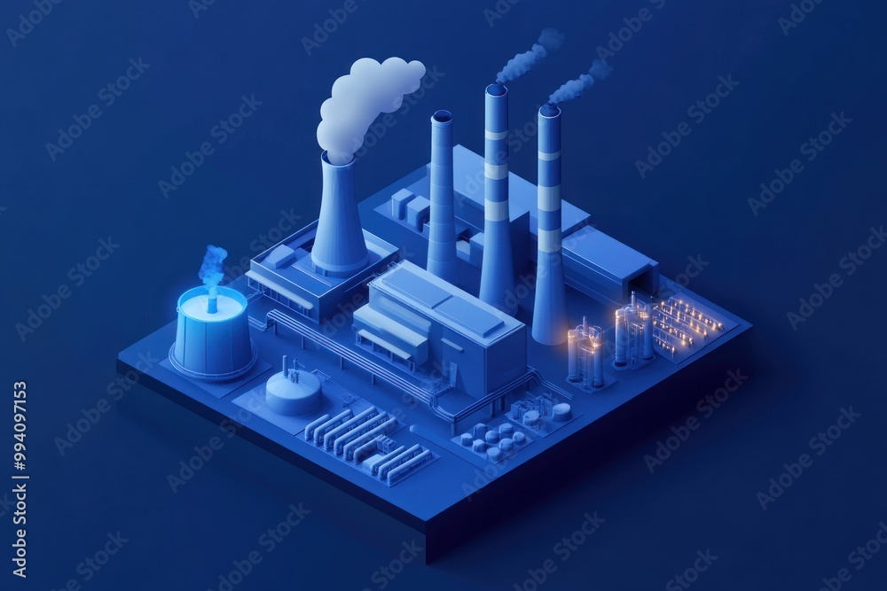 Obraz premium A 3D illustration of an industrial complex with smokestacks and machinery.