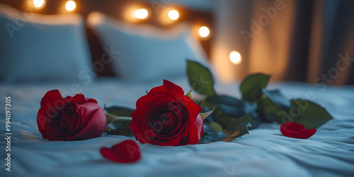 Elegant Red Roses on a Hotel Bed with Mood Lighting