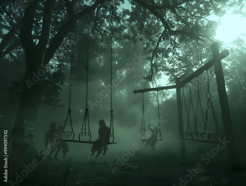 Spooky playground scene with translucent children enjoying a spectral playtime under the moonlight.