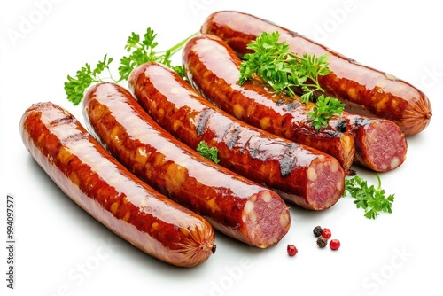 Group of whole tasty boiled sausages isolated on white background