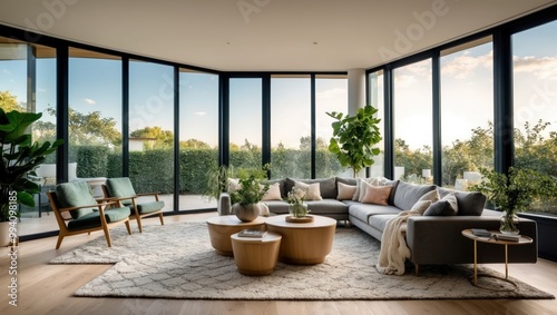 A modern living room featuring large windows  comfortable furniture  and plants  creating a serene and inviting space filled with natural light.