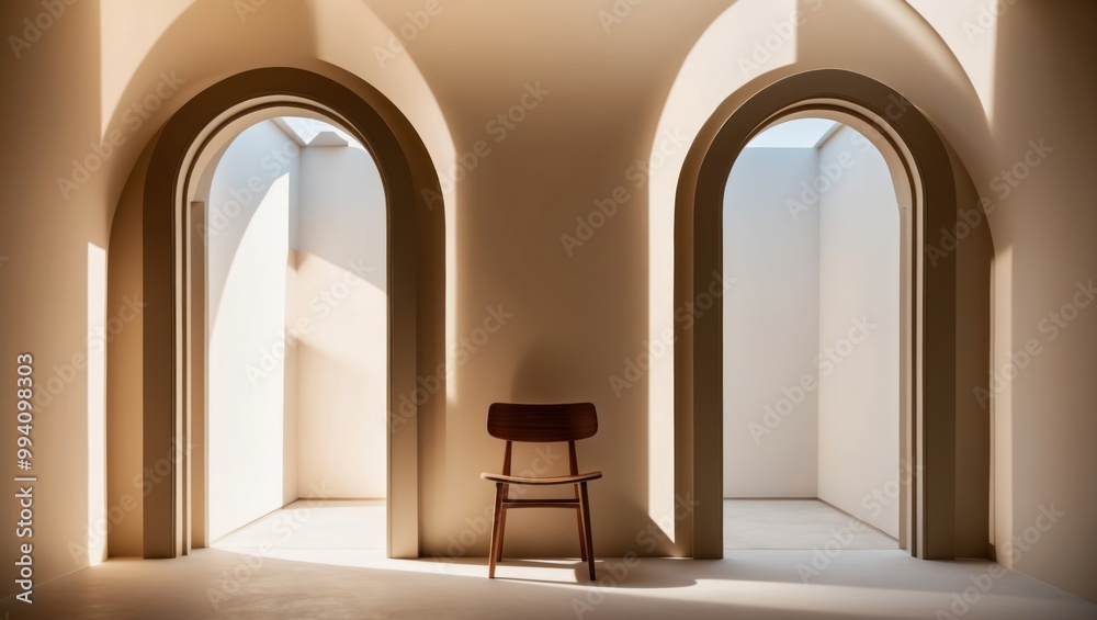 Minimalist interior features a wooden chair positioned in a bright, open space with arches, offering a serene and stylish atmosphere. Minimalist interior features a wooden chair positioned in a bright, open space with arches, offering a serene and stylish atmosphere.