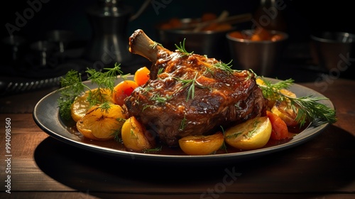 A photo of a braised lamb shank