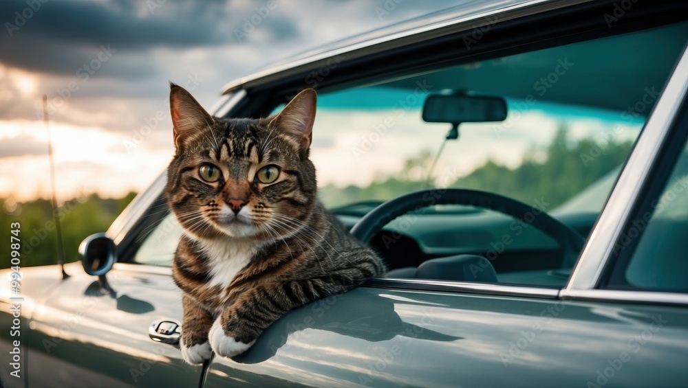 Cat lounging in car window during sunset, capturing playful vibe and serene atmosphere of travel and companionship. Cat lounging in car window during sunset, capturing playful vibe and serene atmosphere of travel and companionship.