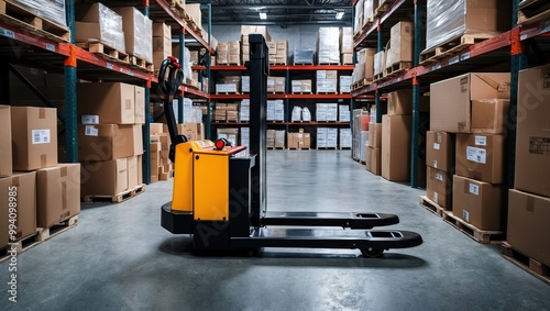 Electric forklift in warehouse designed for efficient loading and handling of pallets and goods in storage facilities or distribution centers.