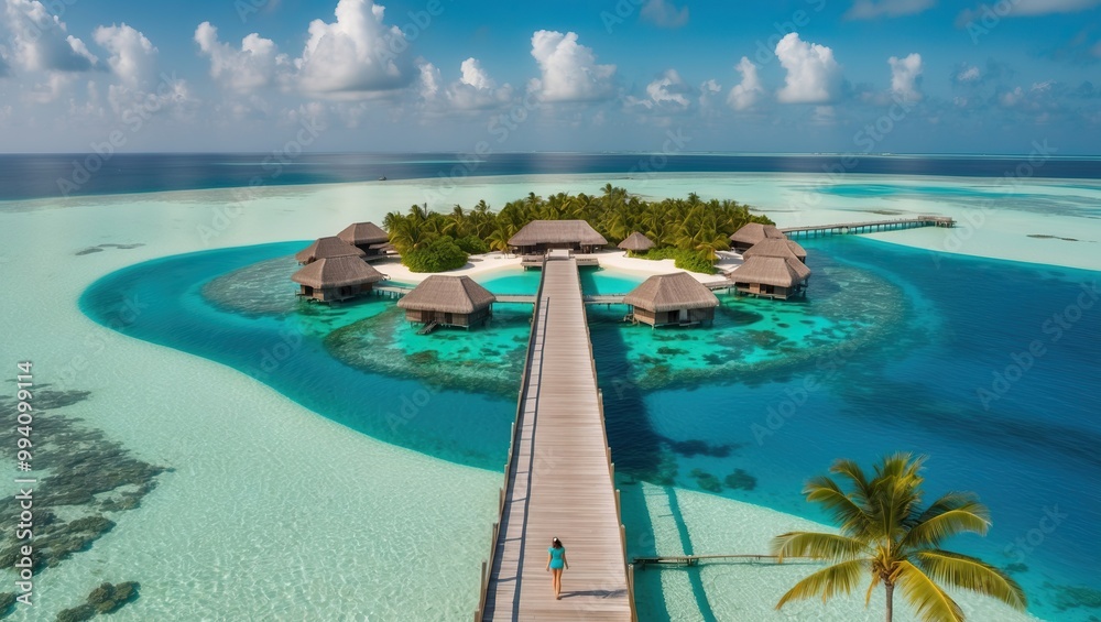 Fototapeta premium Aerial view of luxurious bungalows on a tropical island surrounded by turquoise waters, ideal for relaxation and serene vacation experiences.