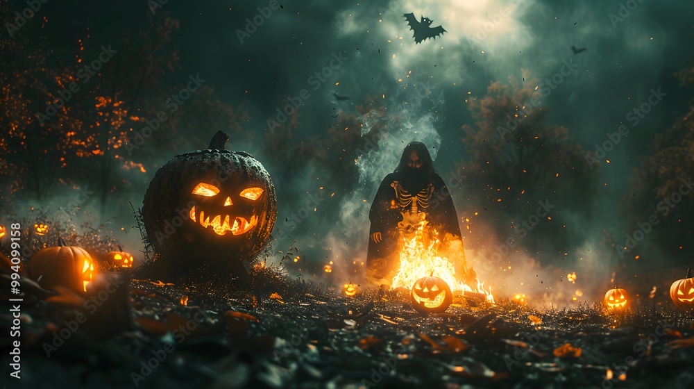 Fototapeta premium A spooky Halloween campfire scene with teens, jack-o'-lanterns glowing brightly, skeletons hanging from trees, ghost decorations floating nearby, firelight casting eerie shadows,