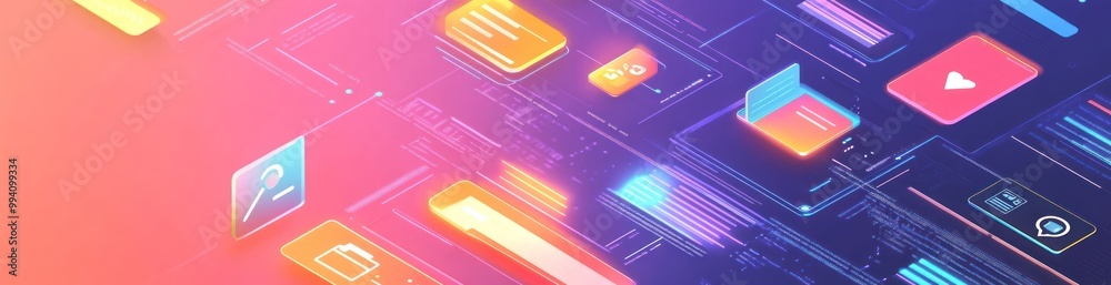 Abstract digital interface with colorful icons and data visualizations. Abstract digital interface with colorful icons and data visualizations.
